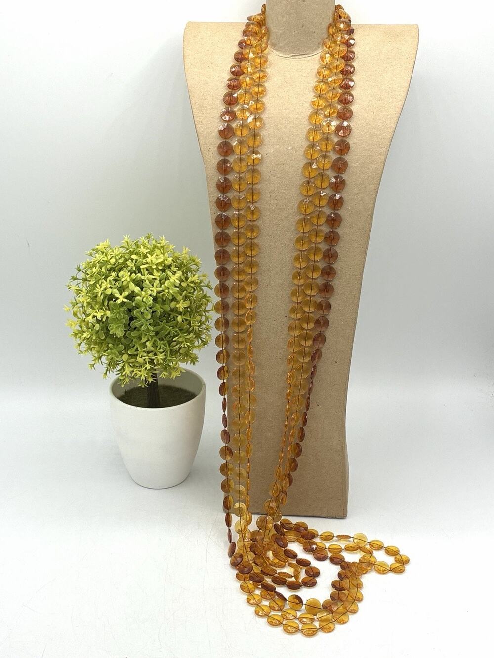 Vintage 3 Strand Honey Caramel Tone Faceted Disc Bead Necklace 46”